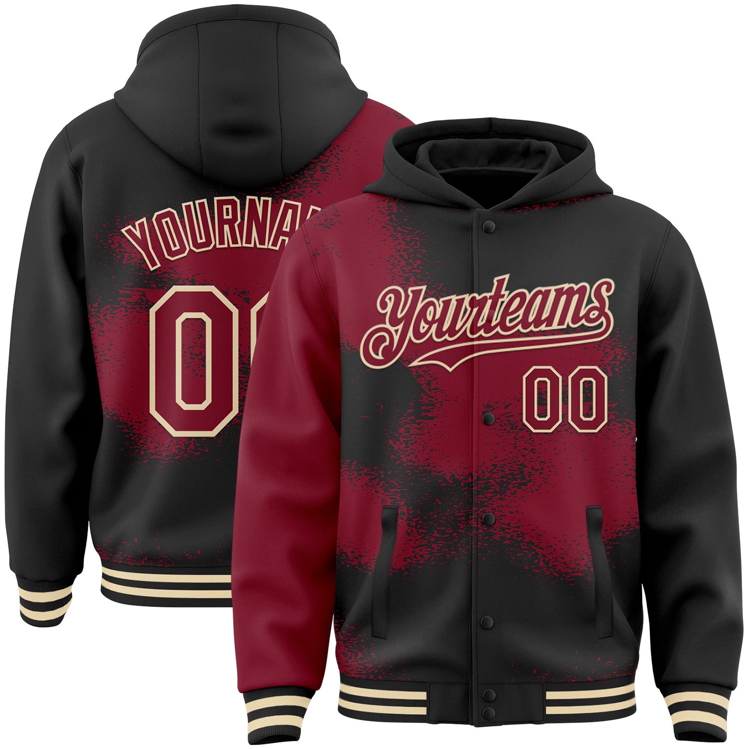 Custom Black Crimson-Cream Abstract Color Blocks Fragment Pattern Bomber Full-Snap Varsity Letterman Hoodie Jacket