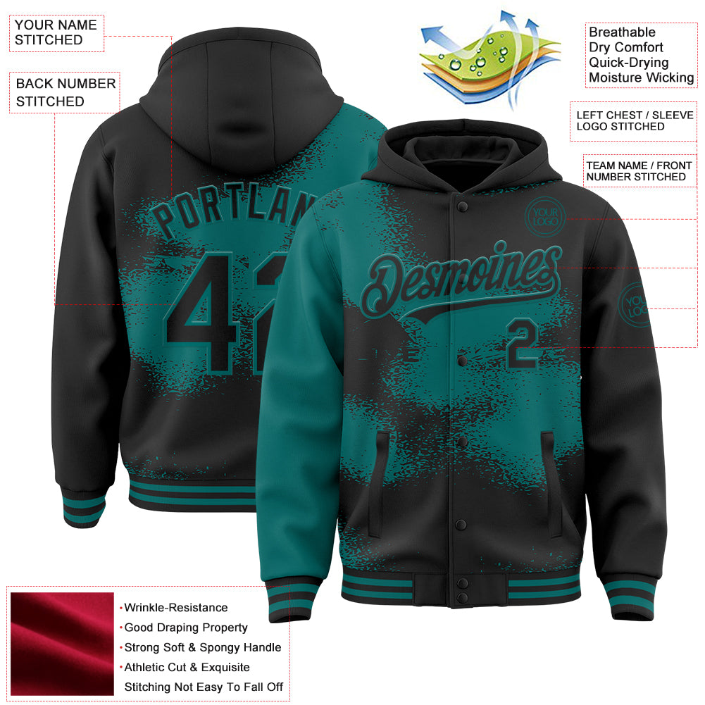 Custom Black Teal Abstract Color Blocks Fragment Pattern Bomber Full-Snap Varsity Letterman Hoodie Jacket