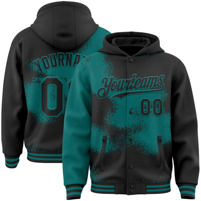 Custom Black Teal Abstract Color Blocks Fragment Pattern Bomber Full-Snap Varsity Letterman Hoodie Jacket