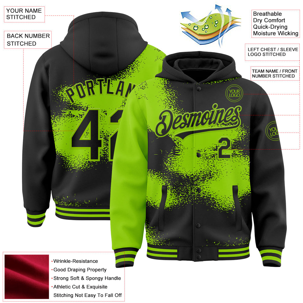 Custom Black Neon Green Abstract Color Blocks Fragment Pattern Bomber Full-Snap Varsity Letterman Hoodie Jacket
