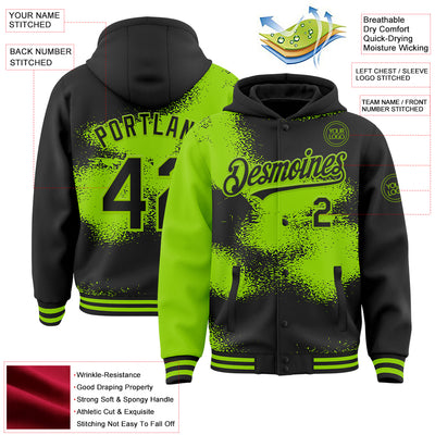 Custom Black Neon Green Abstract Color Blocks Fragment Pattern Bomber Full-Snap Varsity Letterman Hoodie Jacket