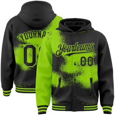 Custom Black Neon Green Abstract Color Blocks Fragment Pattern Bomber Full-Snap Varsity Letterman Hoodie Jacket
