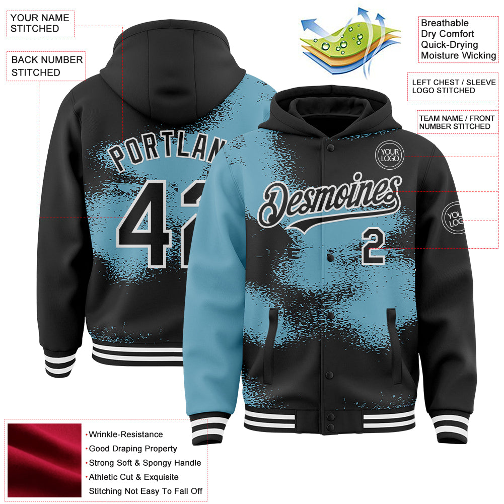 Custom Black Shadow Blue-White Abstract Color Blocks Fragment Pattern Bomber Full-Snap Varsity Letterman Hoodie Jacket