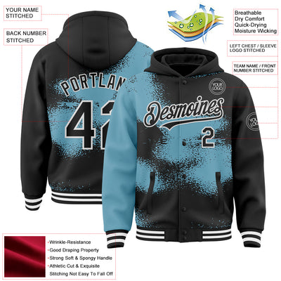Custom Black Shadow Blue-White Abstract Color Blocks Fragment Pattern Bomber Full-Snap Varsity Letterman Hoodie Jacket