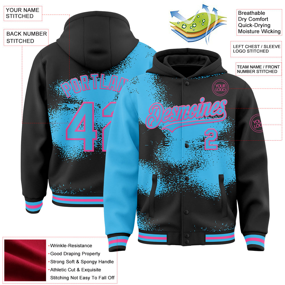 Custom Black Sky Blue-Pink Abstract Color Blocks Fragment Pattern Bomber Full-Snap Varsity Letterman Hoodie Jacket