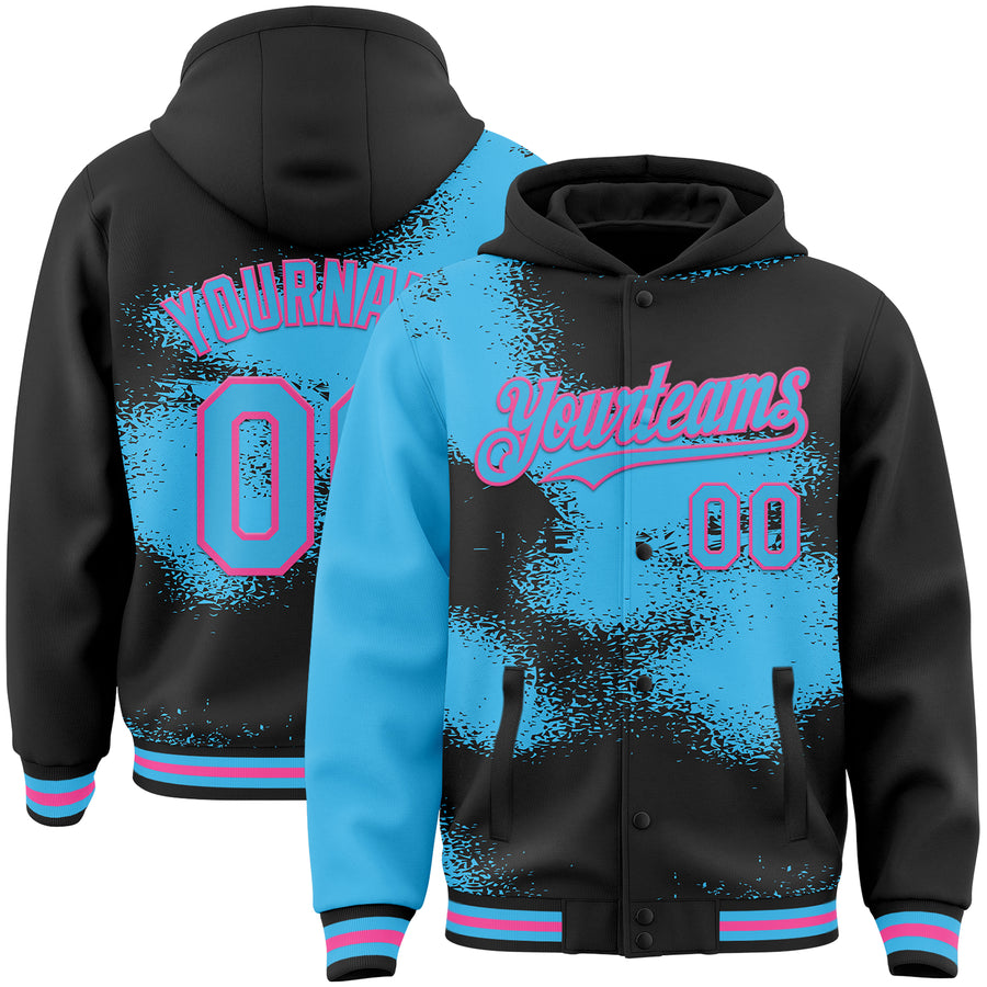 Custom Black Sky Blue-Pink Abstract Color Blocks Fragment Pattern Bomber Full-Snap Varsity Letterman Hoodie Jacket
