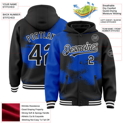 Custom Black Thunder Blue-White Abstract Color Blocks Fragment Pattern Bomber Full-Snap Varsity Letterman Hoodie Jacket