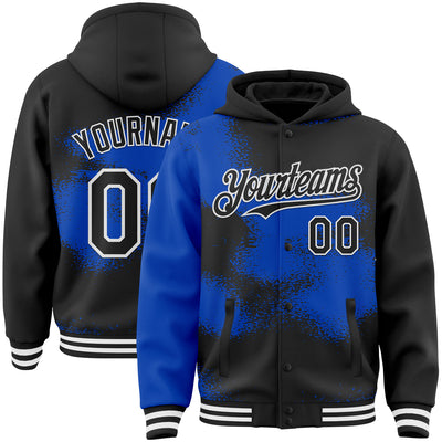 Custom Black Thunder Blue-White Abstract Color Blocks Fragment Pattern Bomber Full-Snap Varsity Letterman Hoodie Jacket