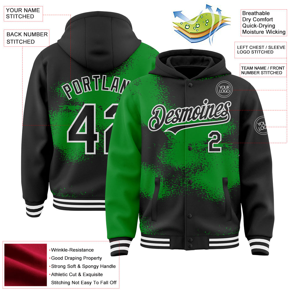 Custom Black Grass Green-White Abstract Color Blocks Fragment Pattern Bomber Full-Snap Varsity Letterman Hoodie Jacket