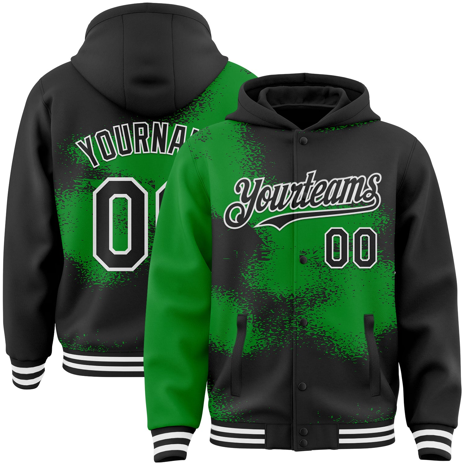 Custom Black Grass Green-White Abstract Color Blocks Fragment Pattern Bomber Full-Snap Varsity Letterman Hoodie Jacket