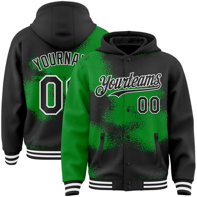 Custom Black Grass Green-White Abstract Color Blocks Fragment Pattern Bomber Full-Snap Varsity Letterman Hoodie Jacket