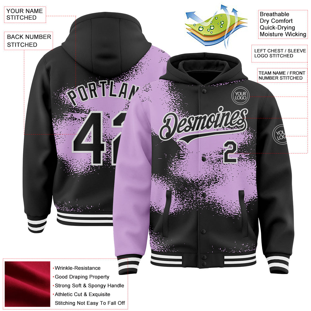 Custom Black Light Purple-White Abstract Color Blocks Fragment Pattern Bomber Full-Snap Varsity Letterman Hoodie Jacket