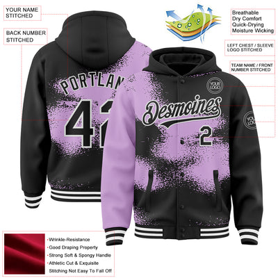 Custom Black Light Purple-White Abstract Color Blocks Fragment Pattern Bomber Full-Snap Varsity Letterman Hoodie Jacket