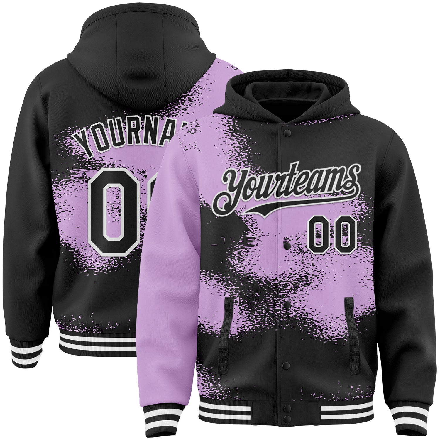 Custom Black Light Purple-White Abstract Color Blocks Fragment Pattern Bomber Full-Snap Varsity Letterman Hoodie Jacket