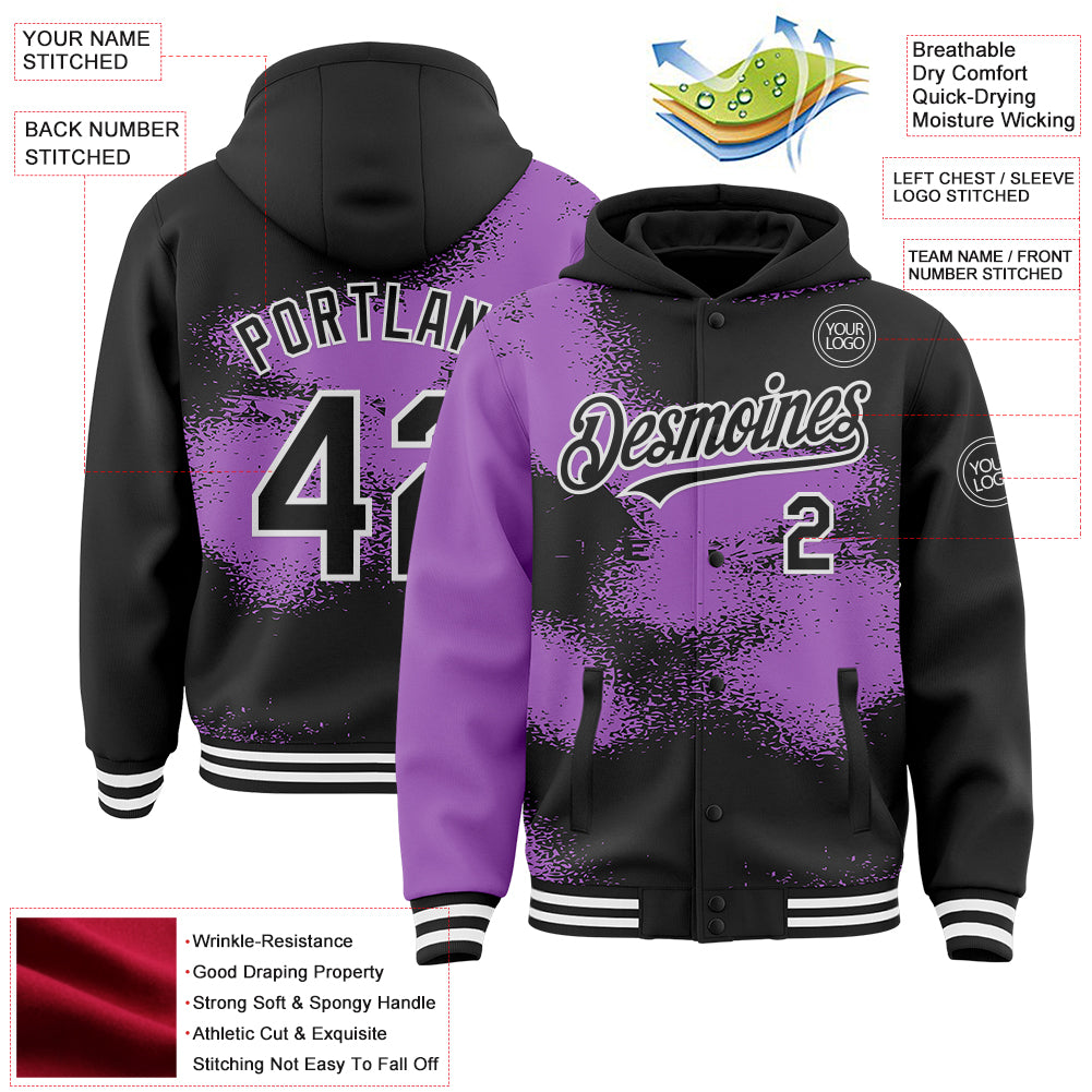 Custom Black Medium Purple-White Abstract Color Blocks Fragment Pattern Bomber Full-Snap Varsity Letterman Hoodie Jacket