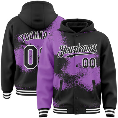 Custom Black Medium Purple-White Abstract Color Blocks Fragment Pattern Bomber Full-Snap Varsity Letterman Hoodie Jacket