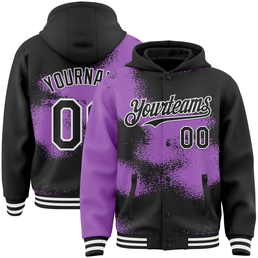 Custom Black Medium Purple-White Abstract Color Blocks Fragment Pattern Bomber Full-Snap Varsity Letterman Hoodie Jacket