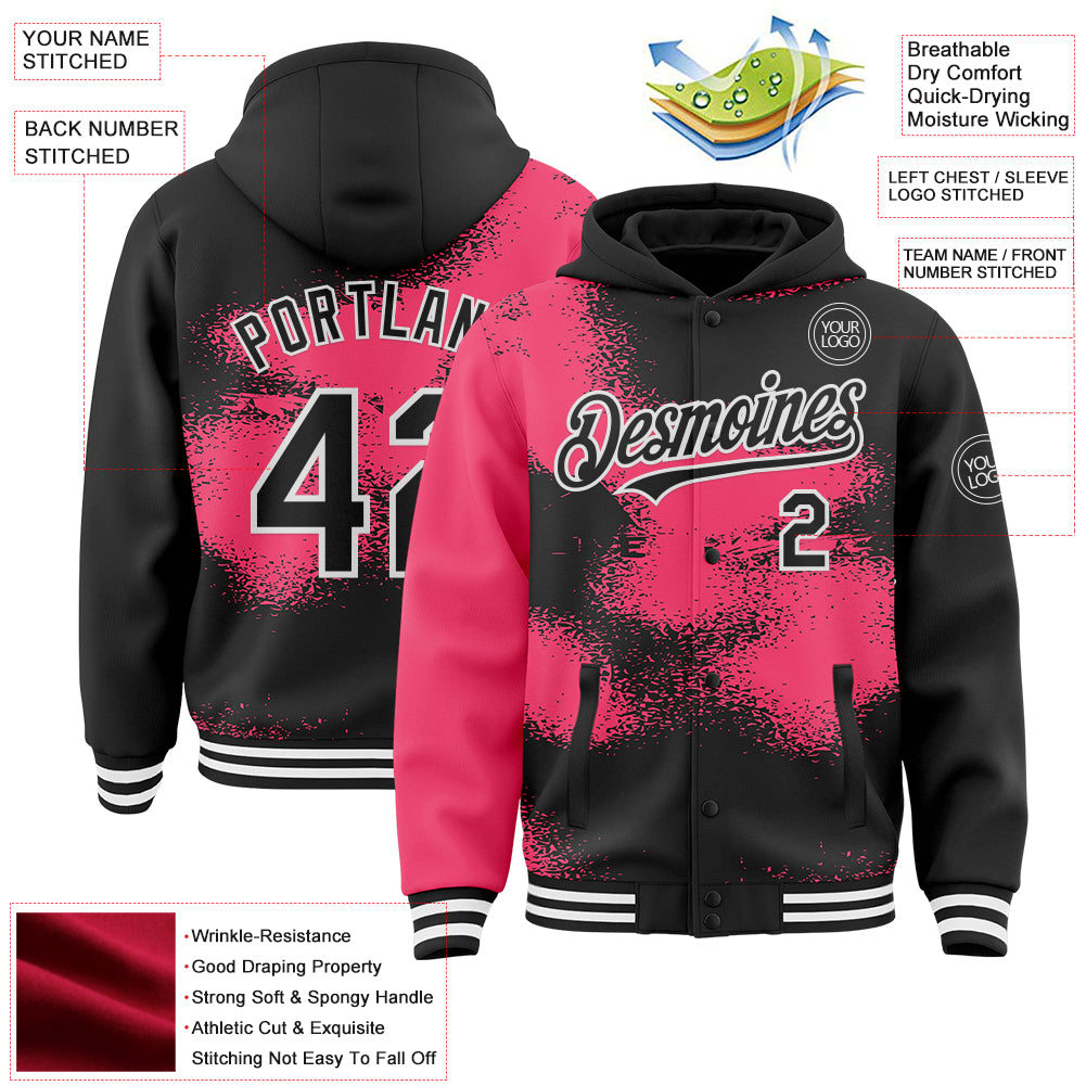 Custom Black Neon Pink-White Abstract Color Blocks Fragment Pattern Bomber Full-Snap Varsity Letterman Hoodie Jacket