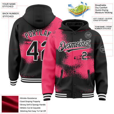 Custom Black Neon Pink-White Abstract Color Blocks Fragment Pattern Bomber Full-Snap Varsity Letterman Hoodie Jacket
