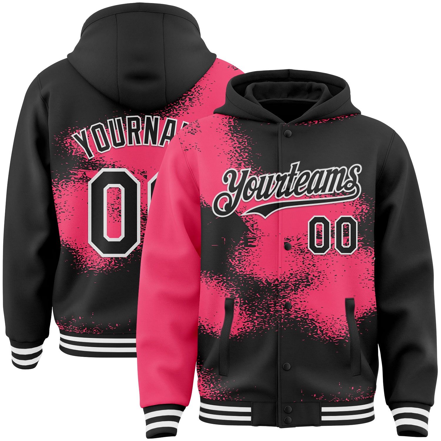 Custom Black Neon Pink-White Abstract Color Blocks Fragment Pattern Bomber Full-Snap Varsity Letterman Hoodie Jacket