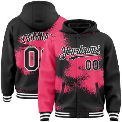 Custom Black Neon Pink-White Abstract Color Blocks Fragment Pattern Bomber Full-Snap Varsity Letterman Hoodie Jacket