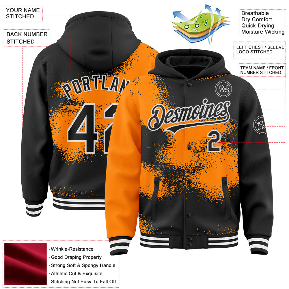 Custom Black Bay Orange-White Abstract Color Blocks Fragment Pattern Bomber Full-Snap Varsity Letterman Hoodie Jacket