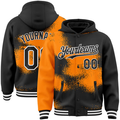 Custom Black Bay Orange-White Abstract Color Blocks Fragment Pattern Bomber Full-Snap Varsity Letterman Hoodie Jacket