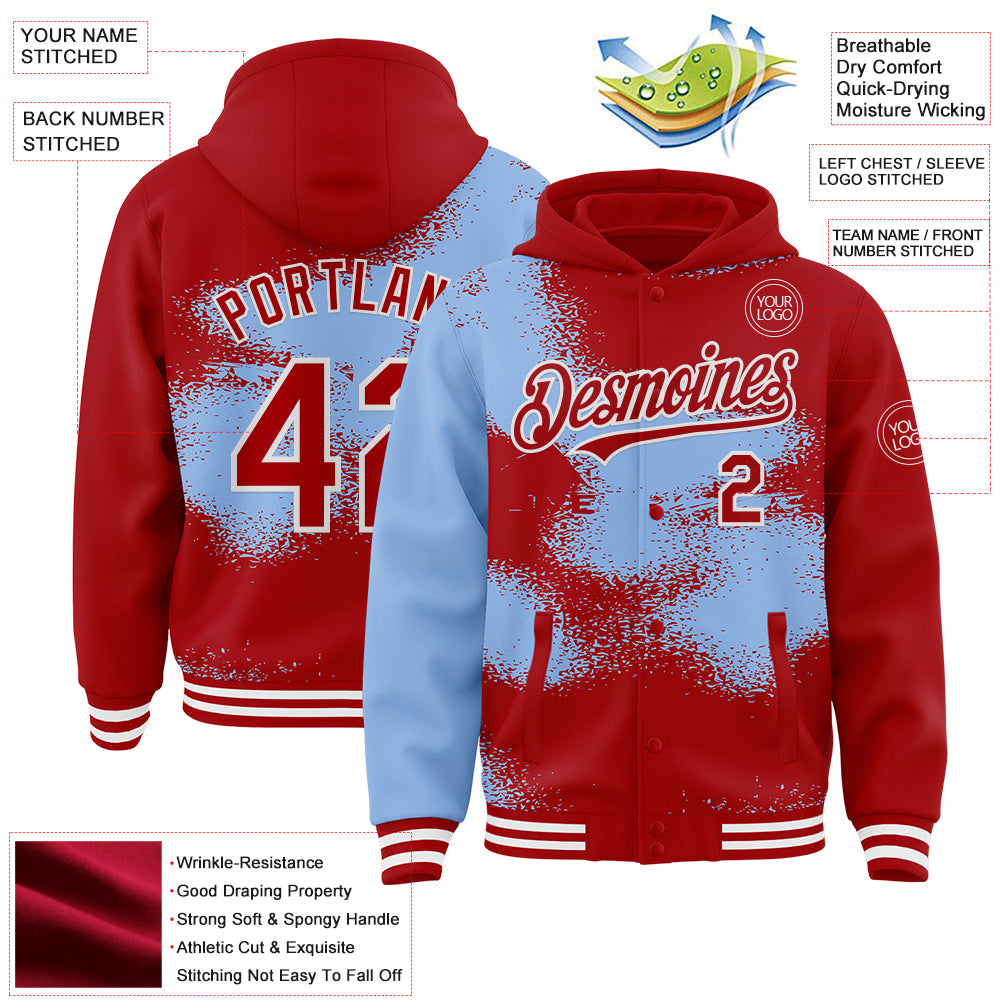 Custom Black Light Blue-White Abstract Color Blocks Fragment Pattern Bomber Full-Snap Varsity Letterman Hoodie Jacket