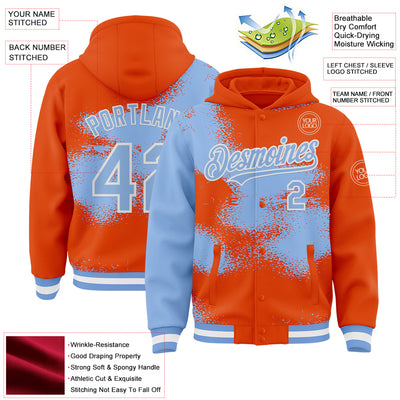 Custom Orange Light Blue-White Abstract Color Blocks Fragment Pattern Bomber Full-Snap Varsity Letterman Hoodie Jacket