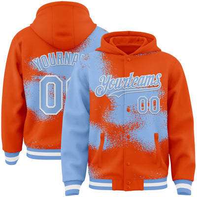 Custom Orange Light Blue-White Abstract Color Blocks Fragment Pattern Bomber Full-Snap Varsity Letterman Hoodie Jacket