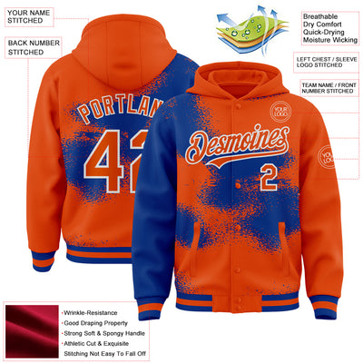 Custom Orange Royal-White Abstract Color Blocks Fragment Pattern Bomber Full-Snap Varsity Letterman Hoodie Jacket