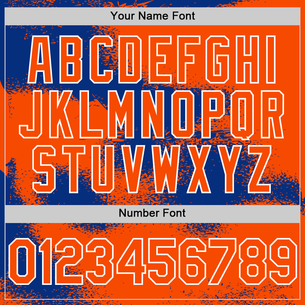 Custom Orange Royal-White Abstract Color Blocks Fragment Pattern Bomber Full-Snap Varsity Letterman Hoodie Jacket