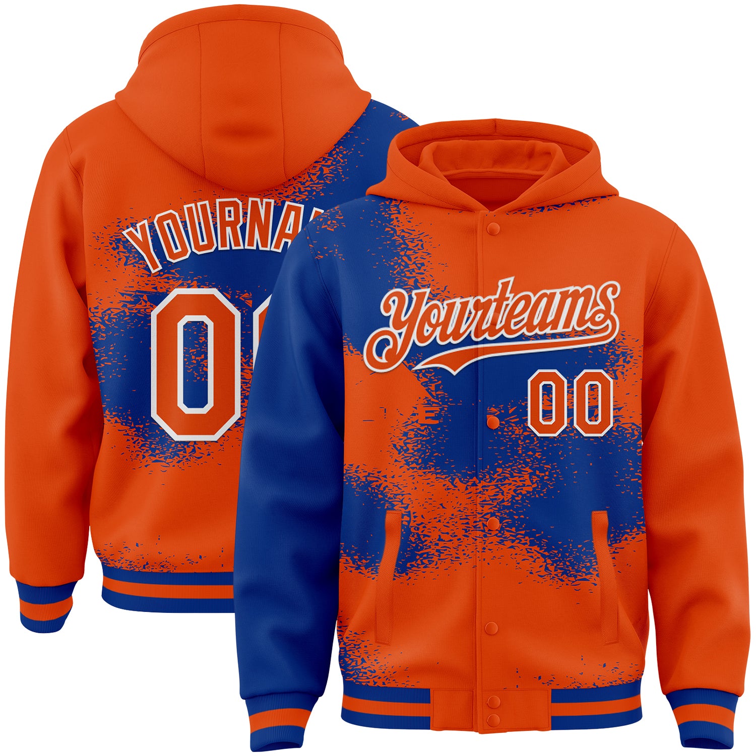Custom Orange Royal-White Abstract Color Blocks Fragment Pattern Bomber Full-Snap Varsity Letterman Hoodie Jacket