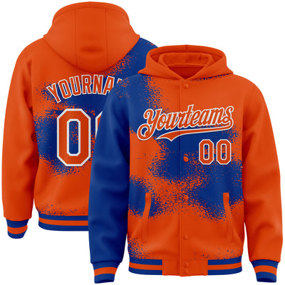 Custom Orange Royal-White Abstract Color Blocks Fragment Pattern Bomber Full-Snap Varsity Letterman Hoodie Jacket