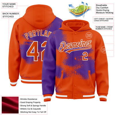 Custom Orange Purple-White Abstract Color Blocks Fragment Pattern Bomber Full-Snap Varsity Letterman Hoodie Jacket