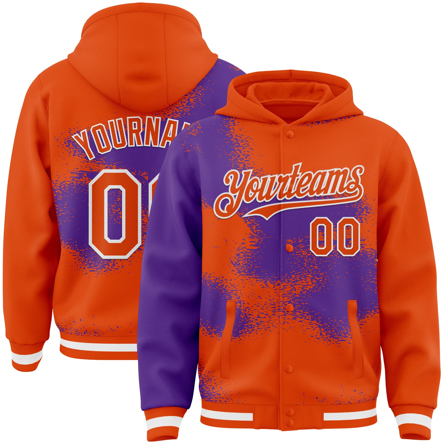 Custom Orange Purple-White Abstract Color Blocks Fragment Pattern Bomber Full-Snap Varsity Letterman Hoodie Jacket