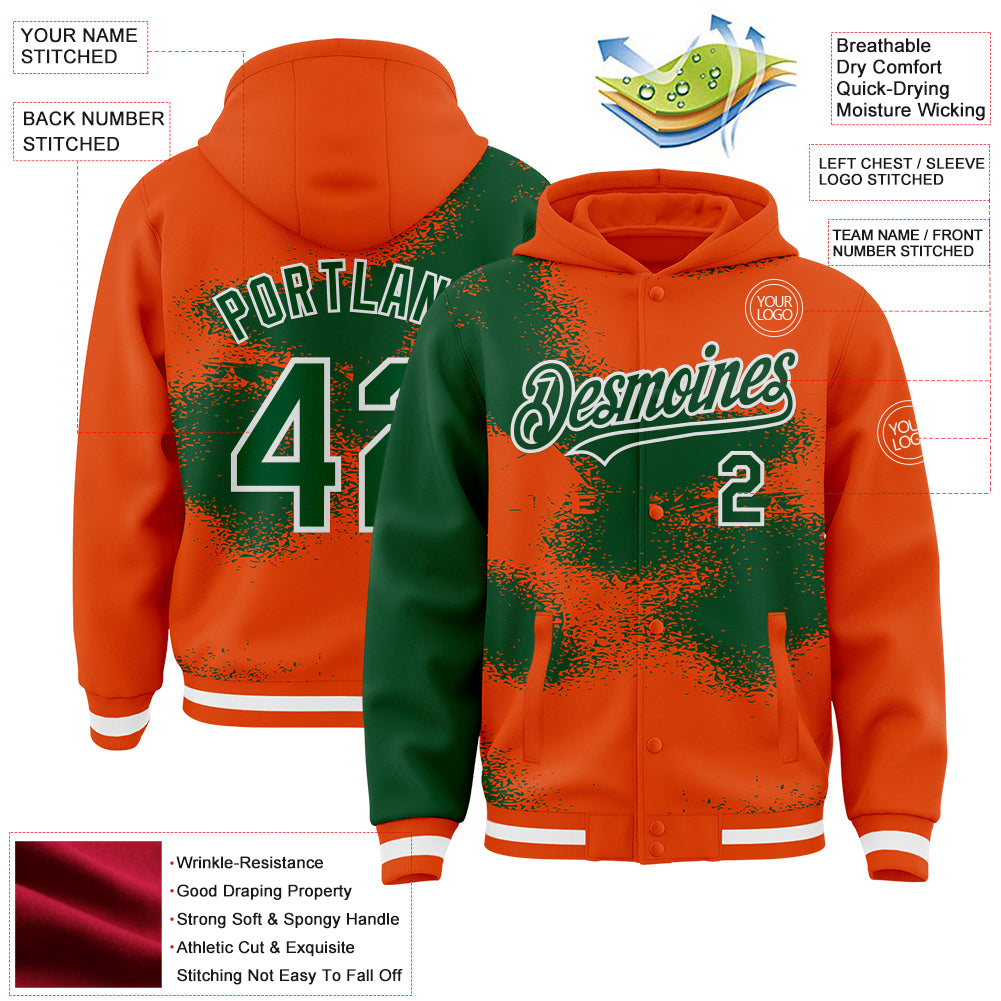 Custom Orange Green-White Abstract Color Blocks Fragment Pattern Bomber Full-Snap Varsity Letterman Hoodie Jacket