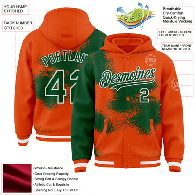 Custom Orange Green-White Abstract Color Blocks Fragment Pattern Bomber Full-Snap Varsity Letterman Hoodie Jacket