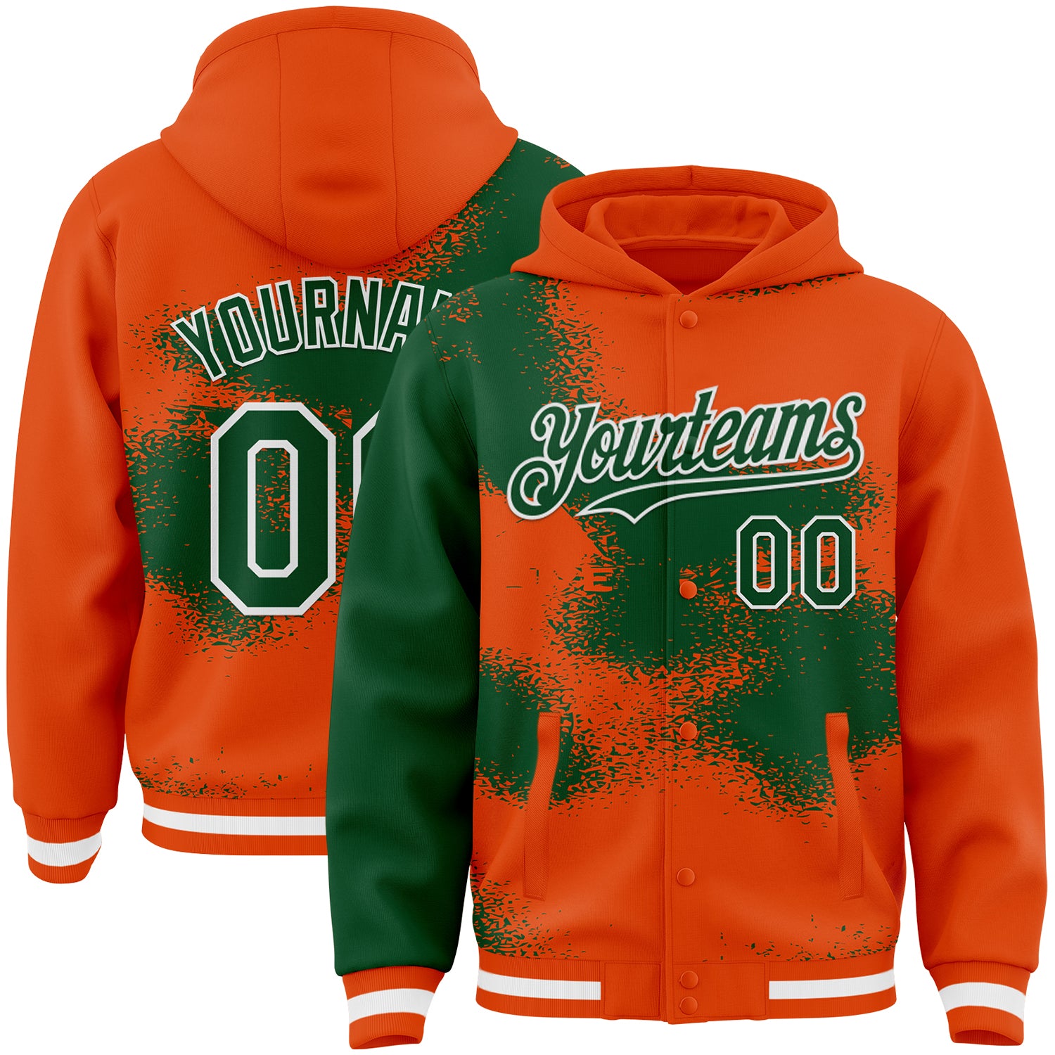Custom Orange Green-White Abstract Color Blocks Fragment Pattern Bomber Full-Snap Varsity Letterman Hoodie Jacket