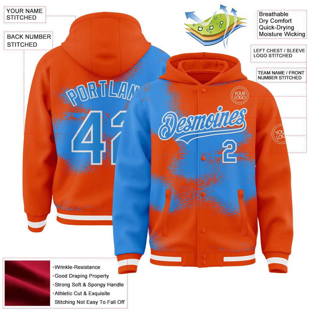 Custom Orange Powder Blue-White Abstract Color Blocks Fragment Pattern Bomber Full-Snap Varsity Letterman Hoodie Jacket