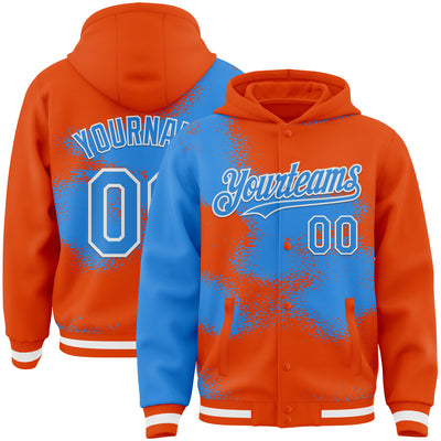 Custom Orange Powder Blue-White Abstract Color Blocks Fragment Pattern Bomber Full-Snap Varsity Letterman Hoodie Jacket