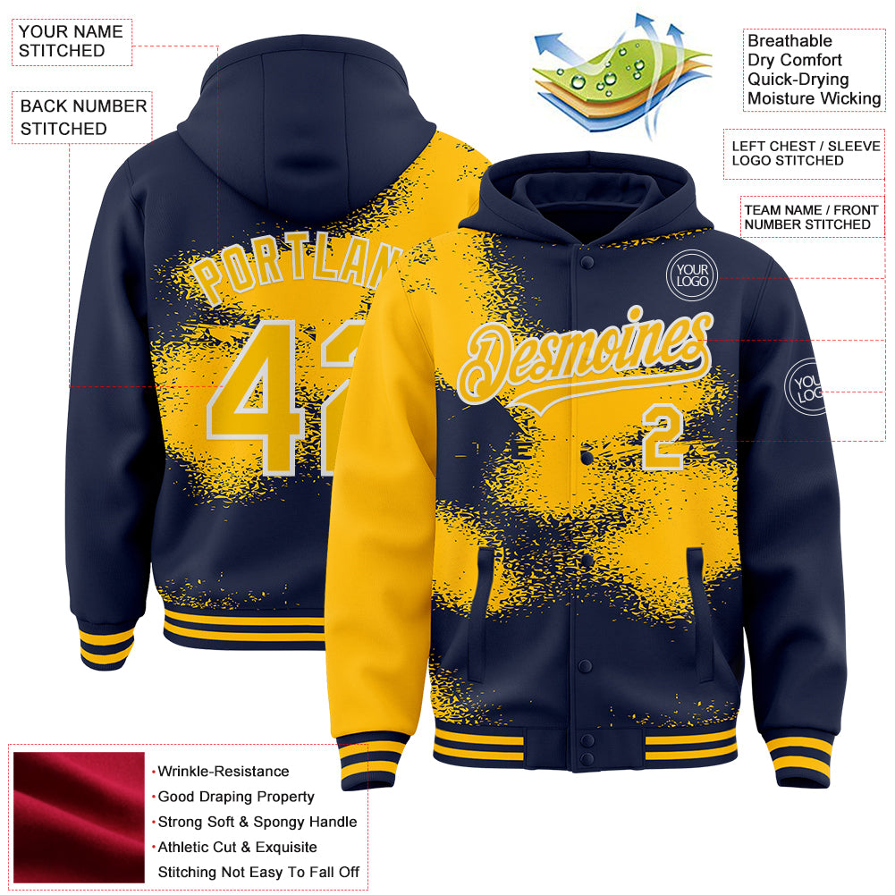 Custom Navy Gold-White Abstract Color Blocks Fragment Pattern Bomber Full-Snap Varsity Letterman Hoodie Jacket