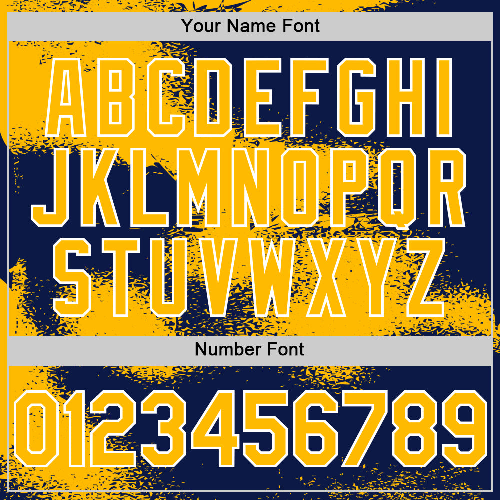 Custom Navy Gold-White Abstract Color Blocks Fragment Pattern Bomber Full-Snap Varsity Letterman Hoodie Jacket