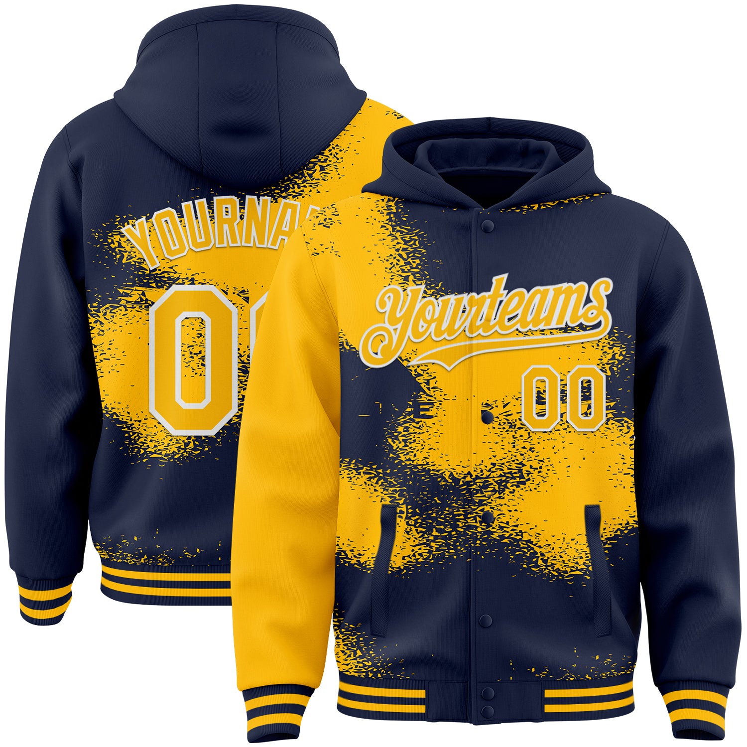 Custom Navy Gold-White Abstract Color Blocks Fragment Pattern Bomber Full-Snap Varsity Letterman Hoodie Jacket
