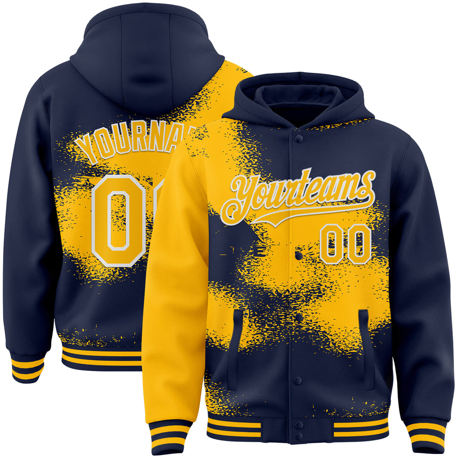 Custom Navy Gold-White Abstract Color Blocks Fragment Pattern Bomber Full-Snap Varsity Letterman Hoodie Jacket