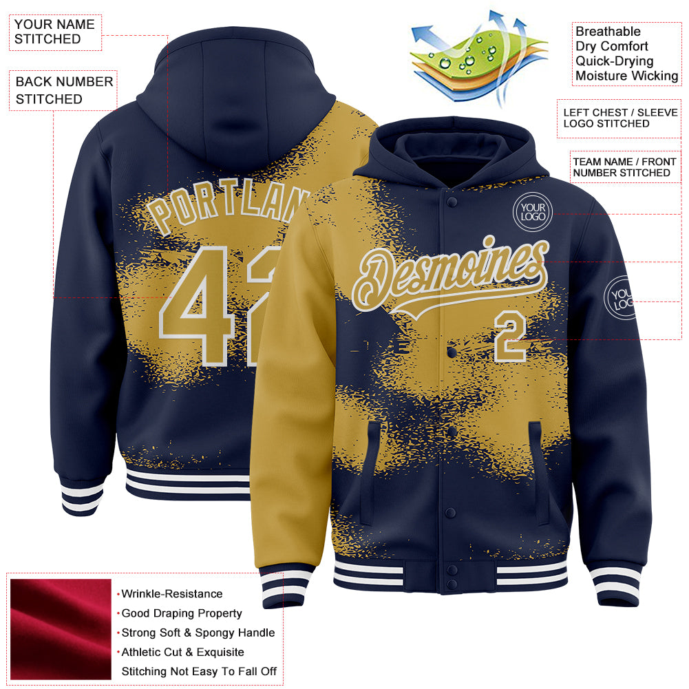 Custom Navy Old Gold-White Abstract Color Blocks Fragment Pattern Bomber Full-Snap Varsity Letterman Hoodie Jacket
