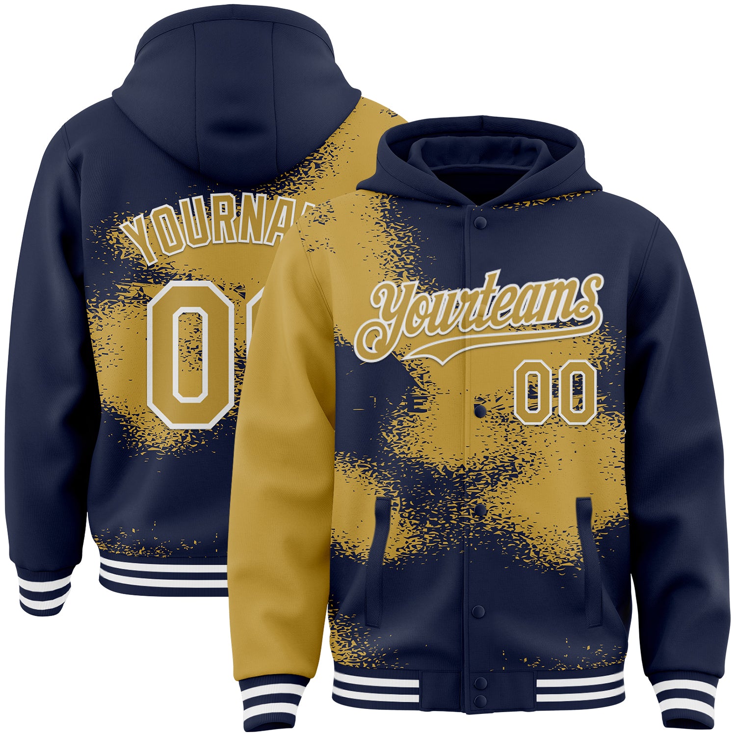 Custom Navy Old Gold-White Abstract Color Blocks Fragment Pattern Bomber Full-Snap Varsity Letterman Hoodie Jacket