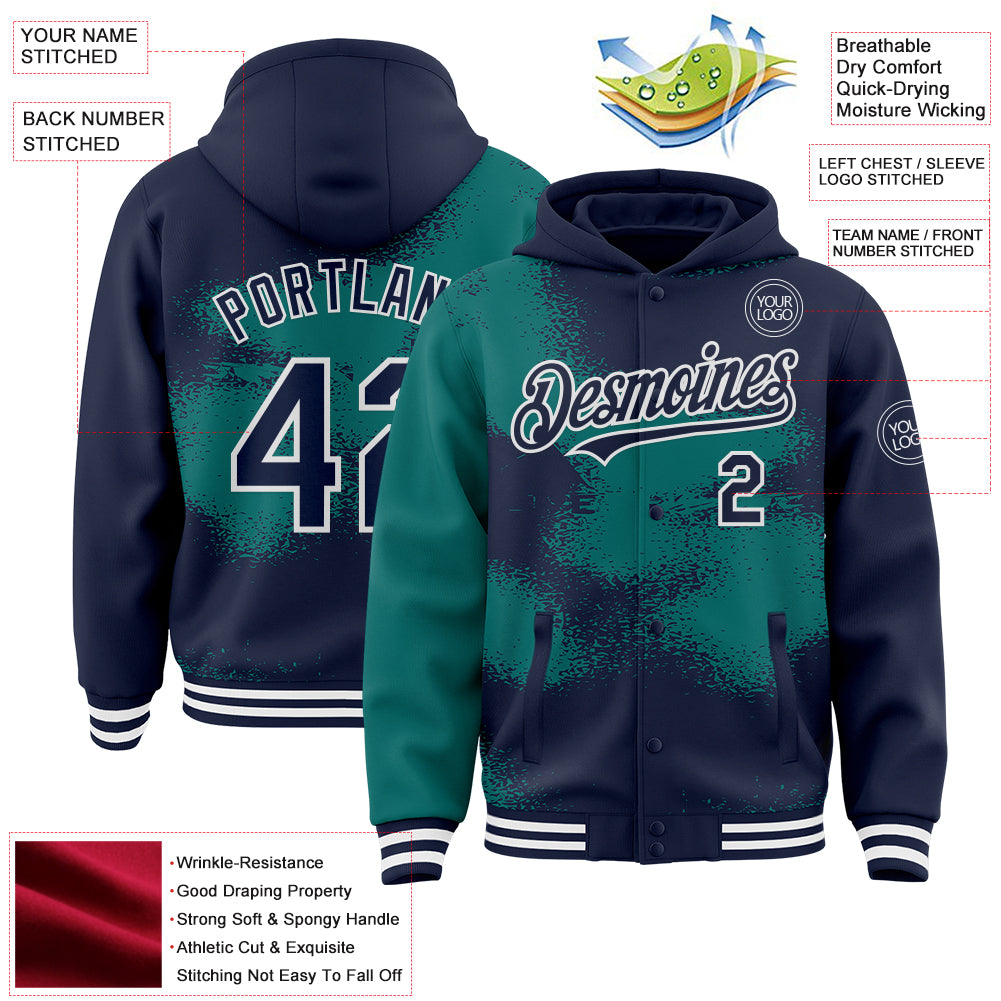 Custom Navy Teal-White Abstract Color Blocks Fragment Pattern Bomber Full-Snap Varsity Letterman Hoodie Jacket