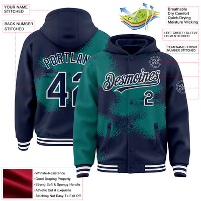 Custom Navy Teal-White Abstract Color Blocks Fragment Pattern Bomber Full-Snap Varsity Letterman Hoodie Jacket