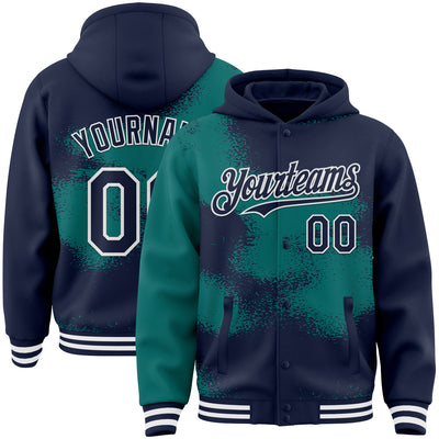 Custom Navy Teal-White Abstract Color Blocks Fragment Pattern Bomber Full-Snap Varsity Letterman Hoodie Jacket